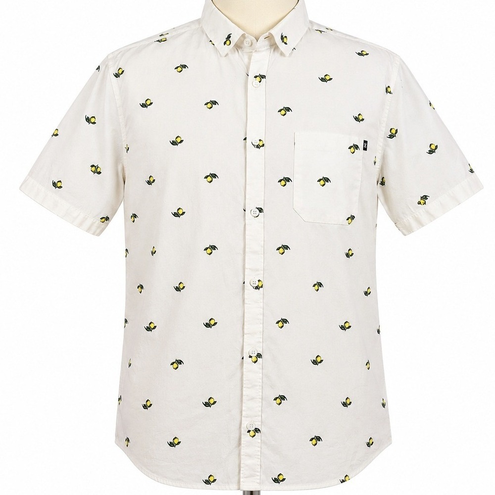 Bruno Milano Mens White Lemon Print Short Sleeve Button Down Stretch Shirt Large